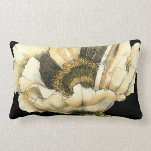 Cream Poppy Flower on Black Background Lumbar Pillow