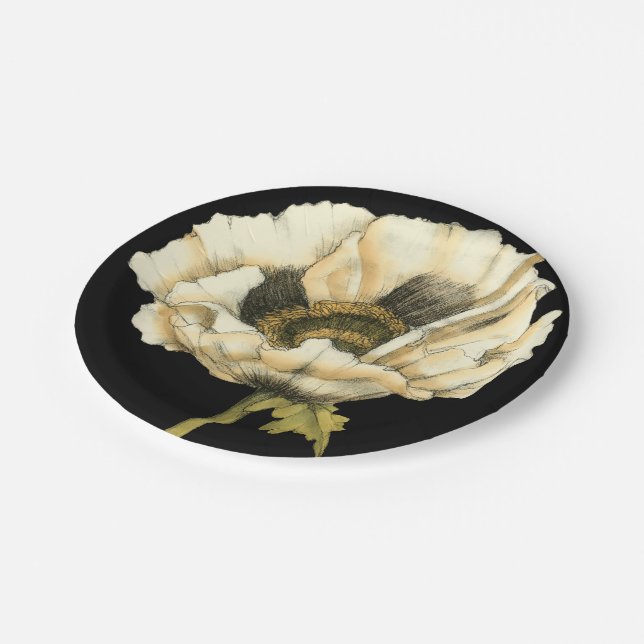 Cream Poppy Flower on Black Background Paper Plates (Angled)