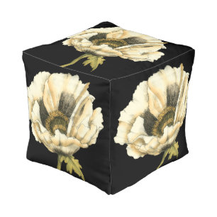 Cream Poppy Flower on Black Background Pouf