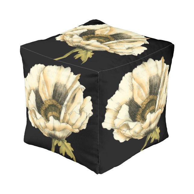 Cream Poppy Flower on Black Background Pouf (Angled Front)