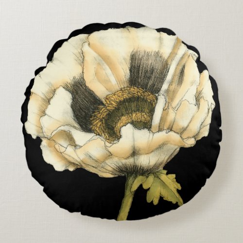 Cream Poppy Flower on Black Background Round Pillow