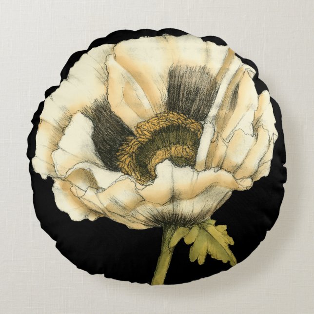 Cream Poppy Flower on Black Background Round Pillow (Front)