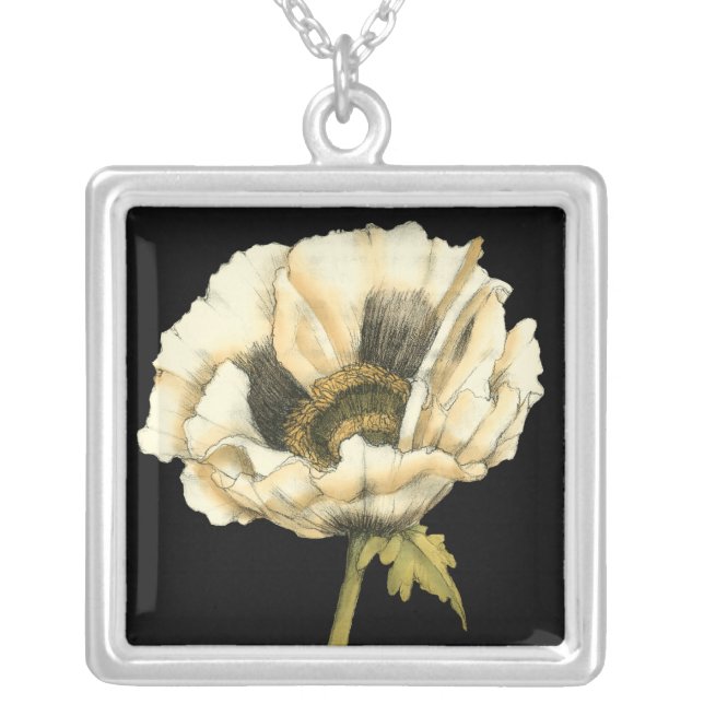 Cream Poppy Flower on Black Background Silver Plated Necklace (Front)