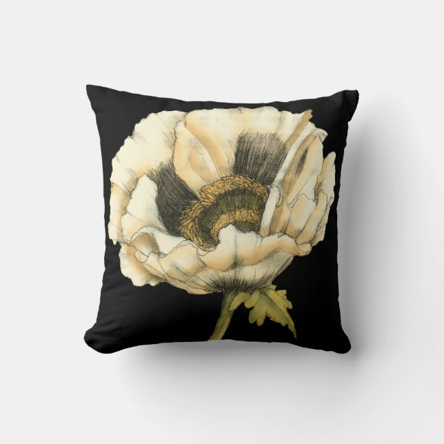 Cream Poppy Flower on Black Background Throw Pillow (Front)