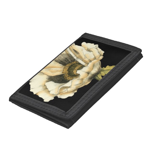 Cream Poppy Flower on Black Background Tri-fold Wallet (Bottom)