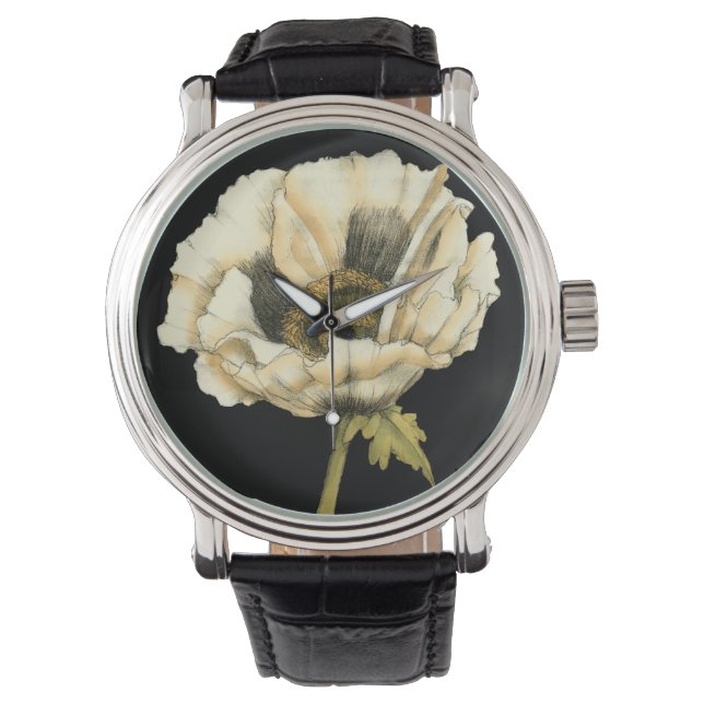 Cream Poppy Flower on Black Background Watch (Front)