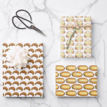 Cream Puff Croissant Pain Au Chocolat Pastries Wrapping Paper Sheets by rebeccaheartsny at Zazzle