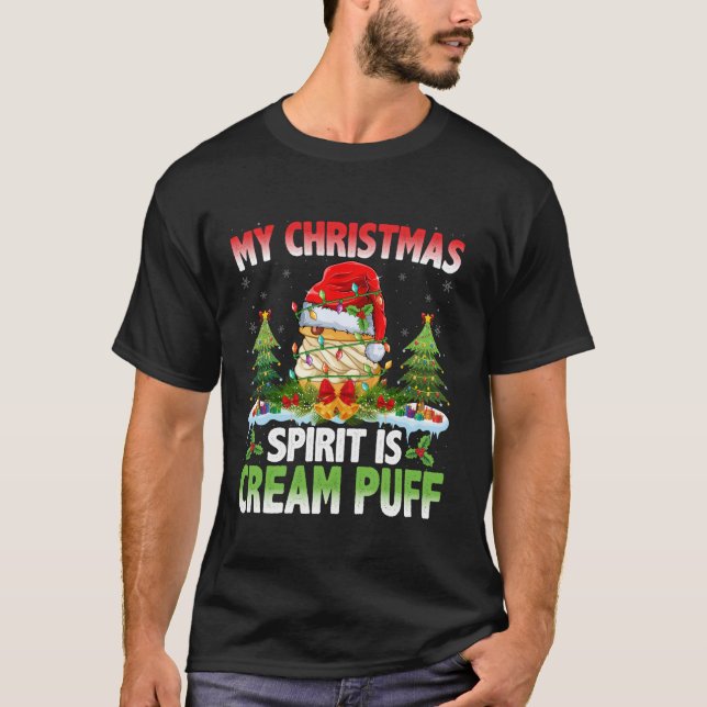 Cream Puff Wearing Santa Hat Christmas Spirit Crea T-Shirt (Front)