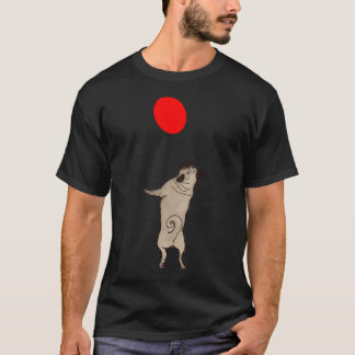Cream Pug jumping up to catch a Red Balloon, black T-Shirt