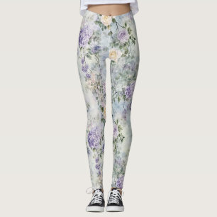 Cream Purple Flowers Leggings