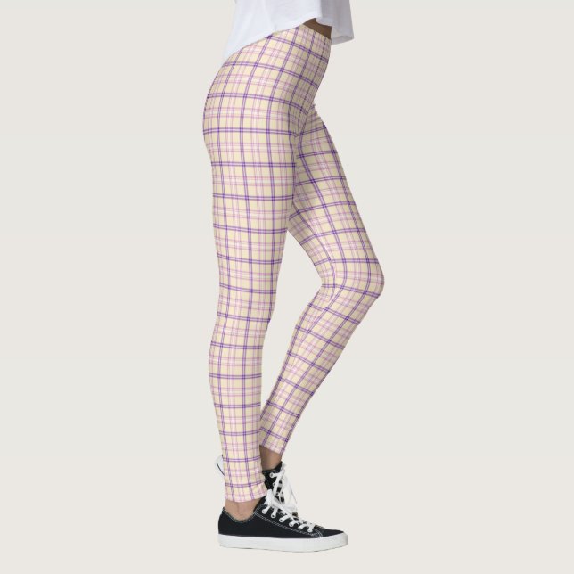Cream Purple Plaid Classic Pattern Retro Leggings (Right)