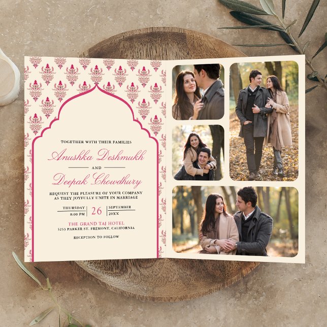 Cream Rani Pink Ikat All in One Indian Wedding Invitation (Creator Uploaded)