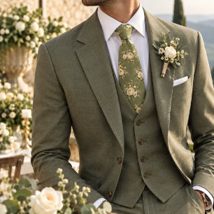 Cream Ranunculus Wildflower on Sage Green Floral Neck Tie