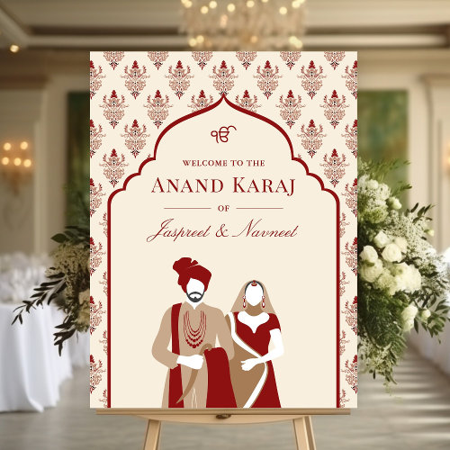 Cream Red Anand Karaj Sikh Wedding Welcome Sign