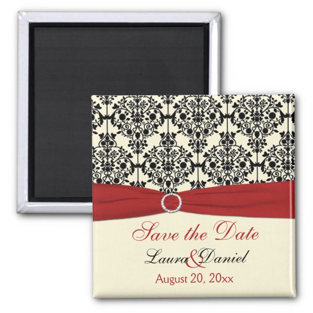 Cream, Red, and Black Damask Save the Date Magnet (Front)