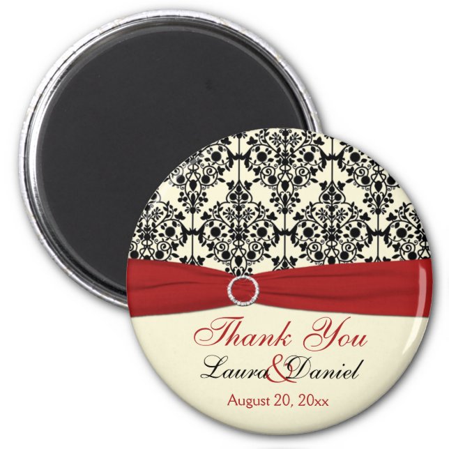 Cream, Red, and Black Damask Thank You Magnet (Front)