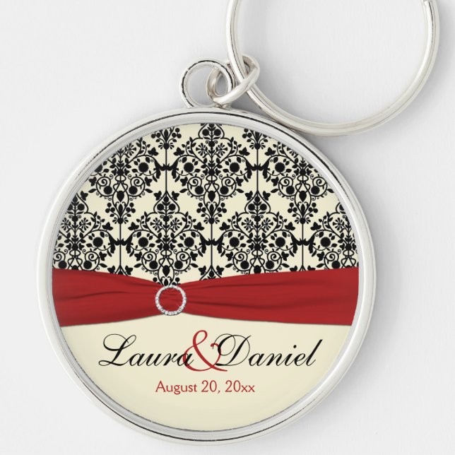 Cream, Red, and Black Damask Wedding Keychain (Front)