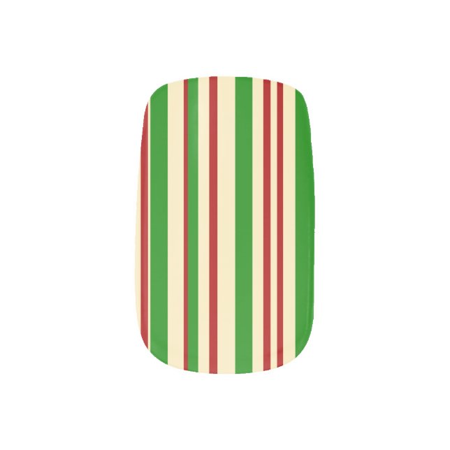 Cream, Red, and Green Striped Christmas Minx Nail Art (Left Thumb)