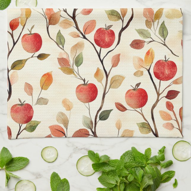 Cream Red Apples Leaves Kitchen Towel (Folded)