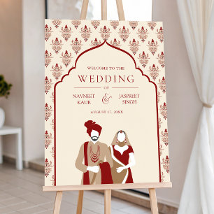 Cream Red Arch Indian Wedding Welcome Sign