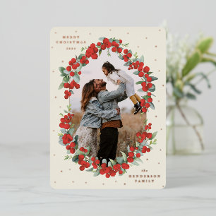 Cream Red Berries+Eucalyptus Christmas Photo Foil Holiday Card