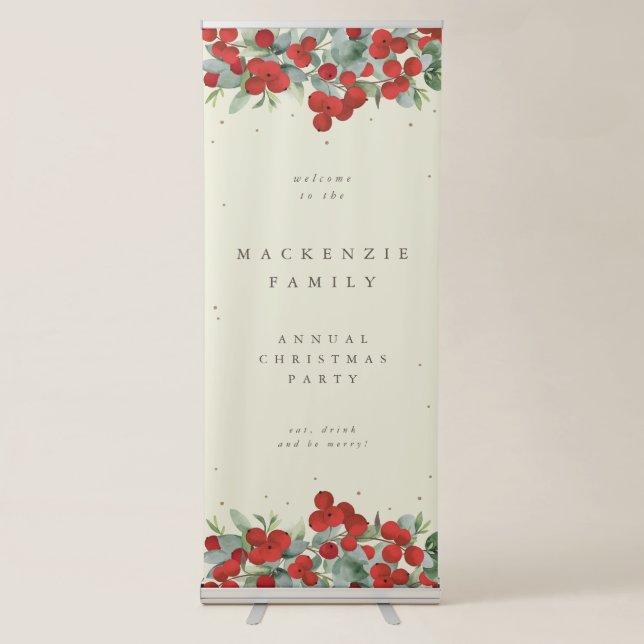 Cream Red Berries+Eucalyptus Holiday Party Welcome Retractable Banner (Front)