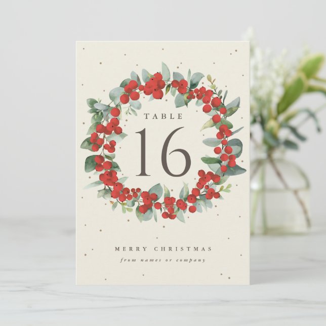 Cream Red Berries+Eucalyptus Holiday Table Number (Standing Front)
