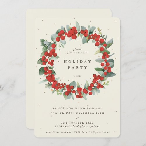 Cream Red BerriesEucalyptus Wreath Holiday Party Invitation