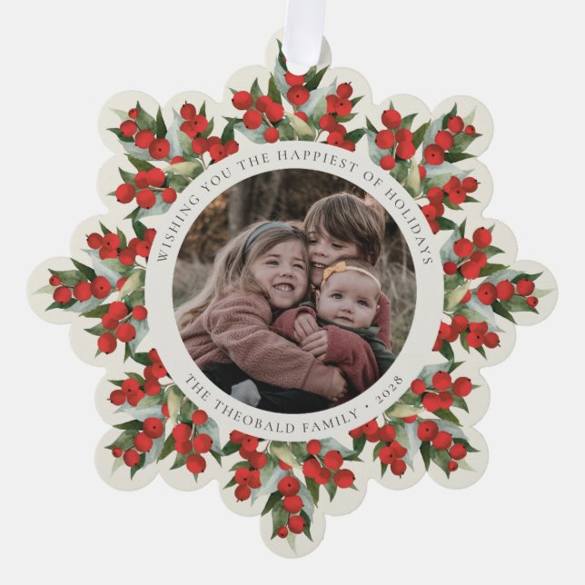 Cream Red Berries+Greenery Holiday Paper Ornament Card (Front)