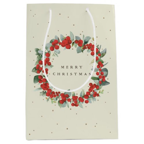 Cream Red BerryEucalyptus ChristmasHoliday Medium Gift Bag