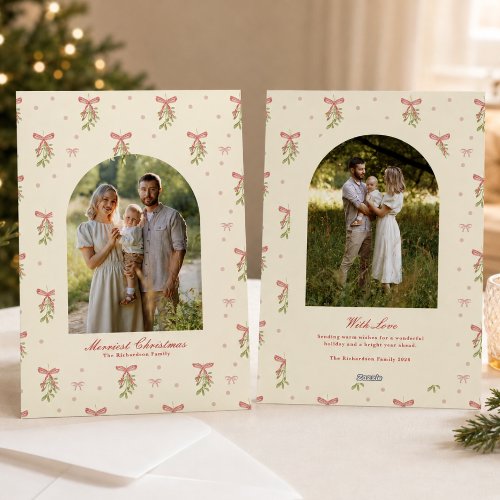 Cream Red Bow Greenery Family Photo Christmas Holiday Card