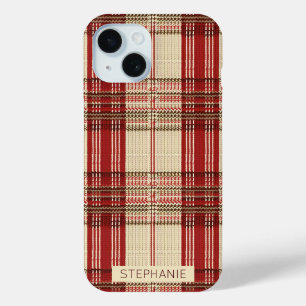 Cream Red Brown Cozy Knit Tartan Plaid iPhone 15 Case