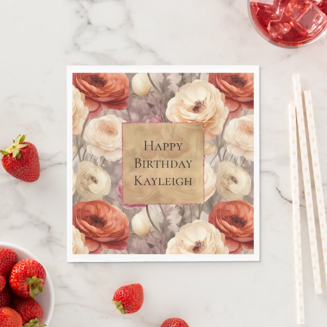 Cream Red Burgundy Floral Birthday Napkins (Insitu)