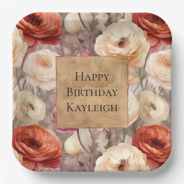 Cream Red Burgundy Floral Birthday Paper Plates (Front)