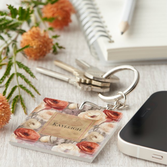 Cream Red Burgundy Floral   Keychain (Front Right)