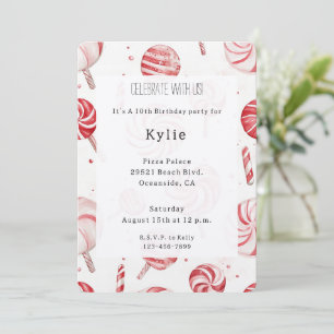 Cream Red Candy Cane Stripes Lollipops Birthday Invitation