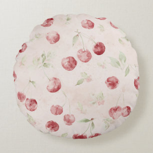 Cream Red Cherries Stripes Round Pillow