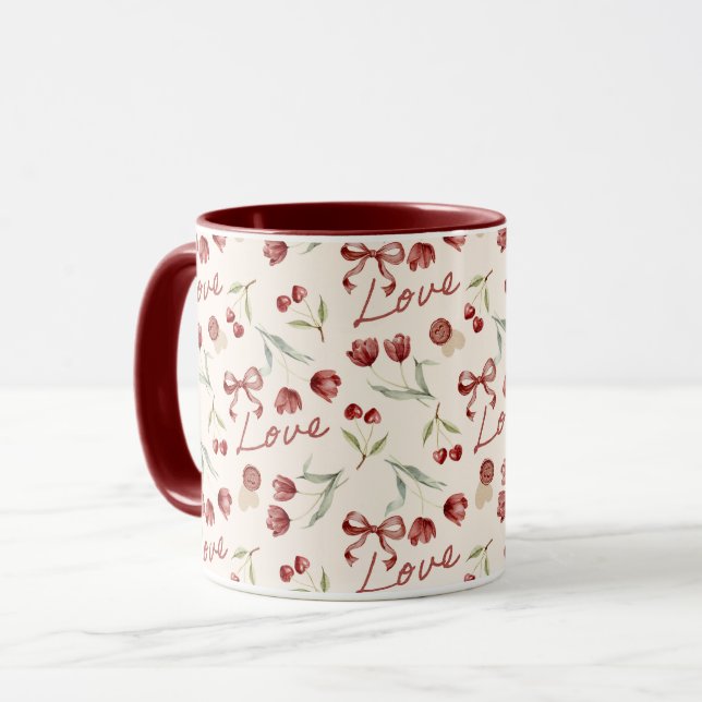 Cream Red Cherry Hearts Valentine's Day Love Bows Mug (Front Left)