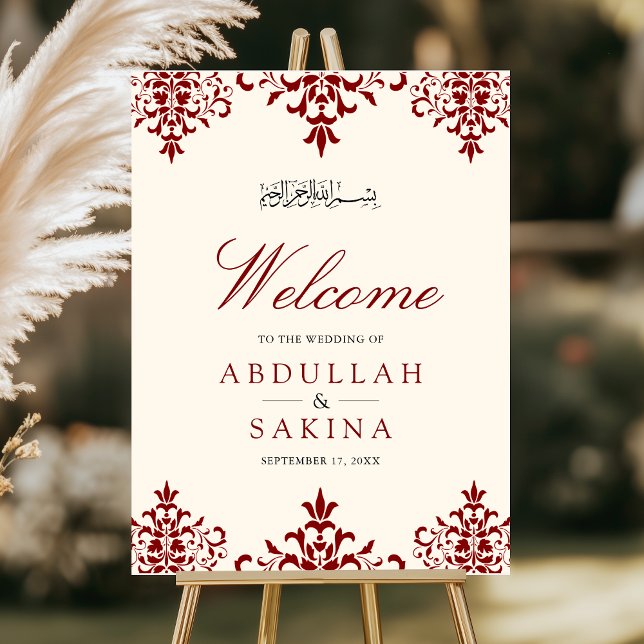 Cream Red Damask Muslim Wedding Welcome Sign (Creator Uploaded)