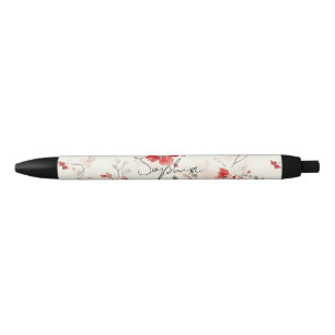Cream Red Floral Pen