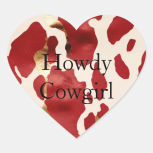 Cream Red Gold Western Cow Birthday Heart Sticker