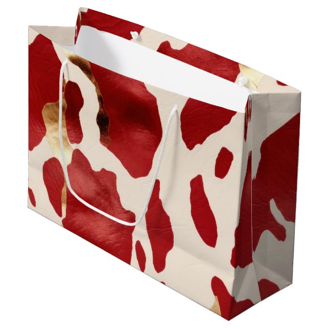 Cream Red Gold Western Cow Birthday Large Gift Bag (Front Angled)