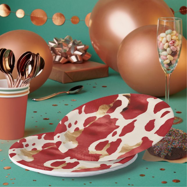 Cream Red Gold Western Cow Birthday Paper Plates (Multi)