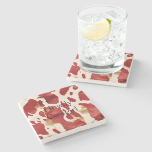 Cream Red Gold Western Cow Birthday Stone Coaster