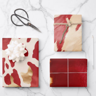 Cream Red Gold Western Cow Birthday Wrapping Paper Sheets