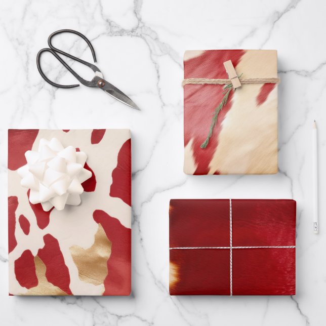 Cream Red Gold Western Cow Birthday Wrapping Paper Sheets (Front)