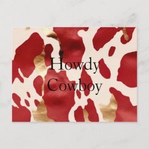 Cream Red Gold Western Cow Print Howdy Postcard