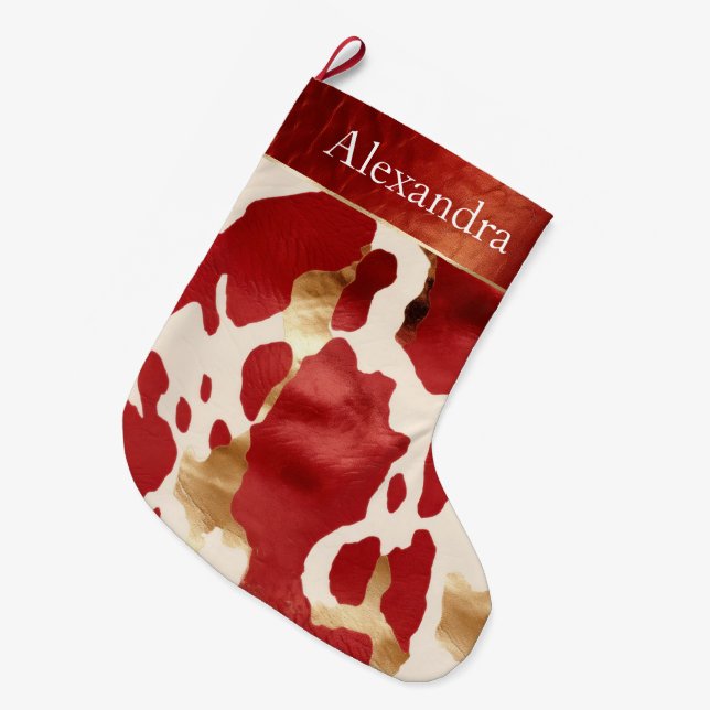 Cream Red Gold Western Cow Print Name Large Christmas Stocking (Front (Hanging))