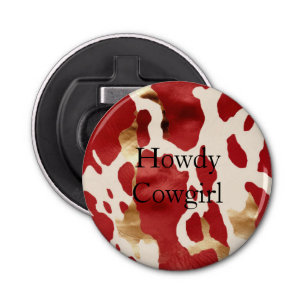 Cream Red Gold Western Cowhide Howdy Bottle Opener