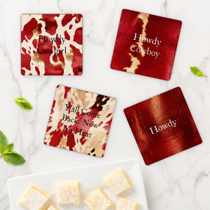 Cream Red Gold Western Cowhide Howdy Coaster Set